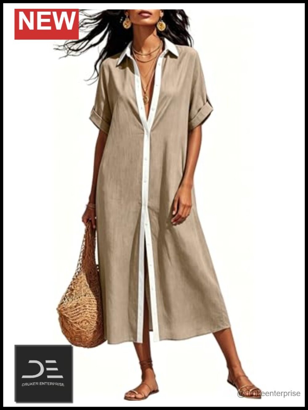 Womens V Neck Button Down Shirt Dress Linen Cotton Maxi Beach Coverup with - Picture 1 of 6